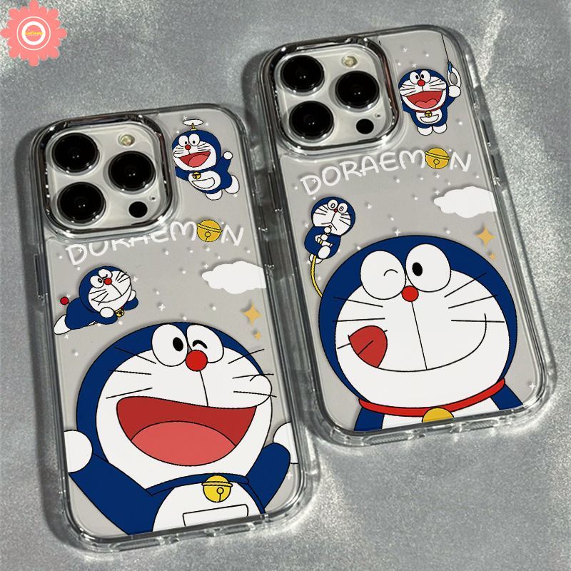 น่ารักน่ารักการ์ตูนDoraemonคู่สําหรับIPhone 17 16 11 13 15 12 14 Pro Max Air 7Plus 8Plus 8 15 6S 7 6 Plus XR SE X XS Maxหรูหราชุบเลนส์โลหะปกอ่อน