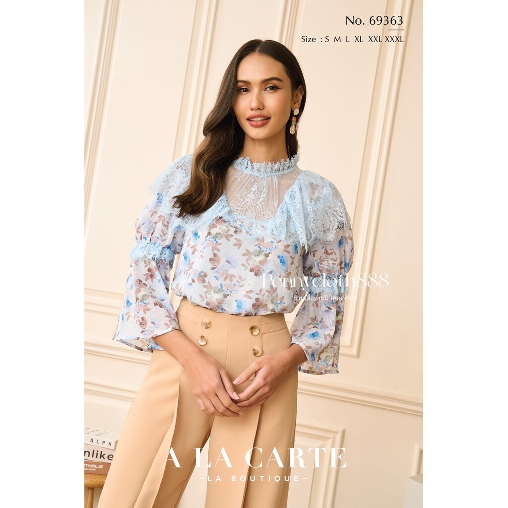 69363 เสื้อ A La Carte ชีฟองพิมพ์ลายดอก แต่งผ้าลูกไม้ แขน 4 ส่วน มีซับใน กระดุมหลัง by PENNY CLOTH 8