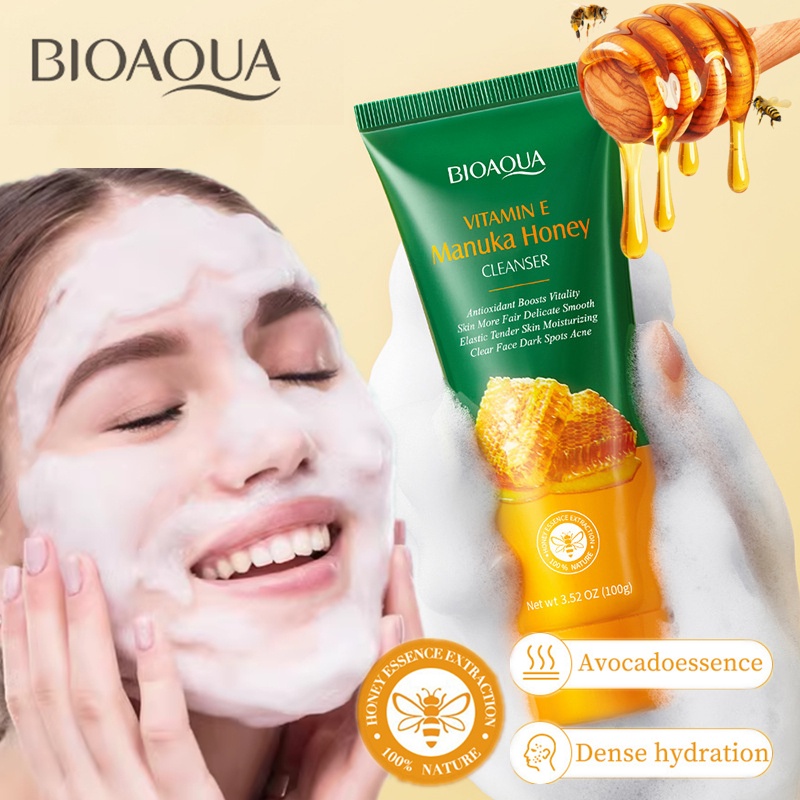Bioaoua VITAMIN E Manuka Honey Cleanser คลีนเซอร์ทําความสะอาดรูขุมขนอย่างล้ําลึก ควบคุมความมัน ให้ความชุ่มชื้น ไม่ตึง ดูแลผิวหน้า 100 กรัม