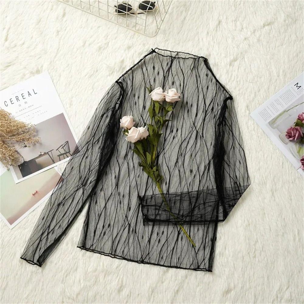 Oceanmap เสื้อยืดลูกไม้, เสื้อตาข่ายซีทรู แขนยาว สุภาพสตรี, เสื้อตาข่ายลําลอง ตาข่ายด้านบน คอเต่า ผ้าเชียร์ สีดํา โปร่งใส เสื้อยืดใต้เสื้อ