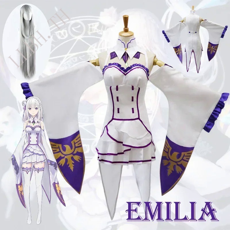Re Zero Kara Hajimeru Isekai Seikatsu Emilia Cosplay Costumes Women Dress with Headdress for Hallowe