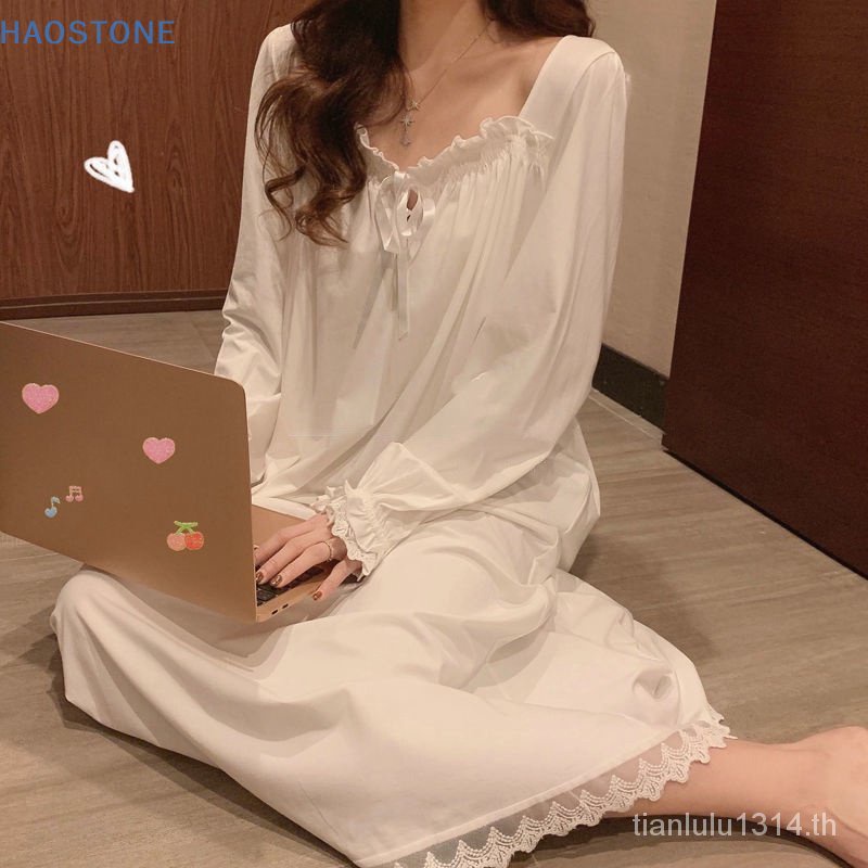 [Hsne] ชุดนอนแขนยาว ผ้าซาติน แต่งลูกไม้ สีขาว แบบเรียบง่าย สําหรับผู้หญิง