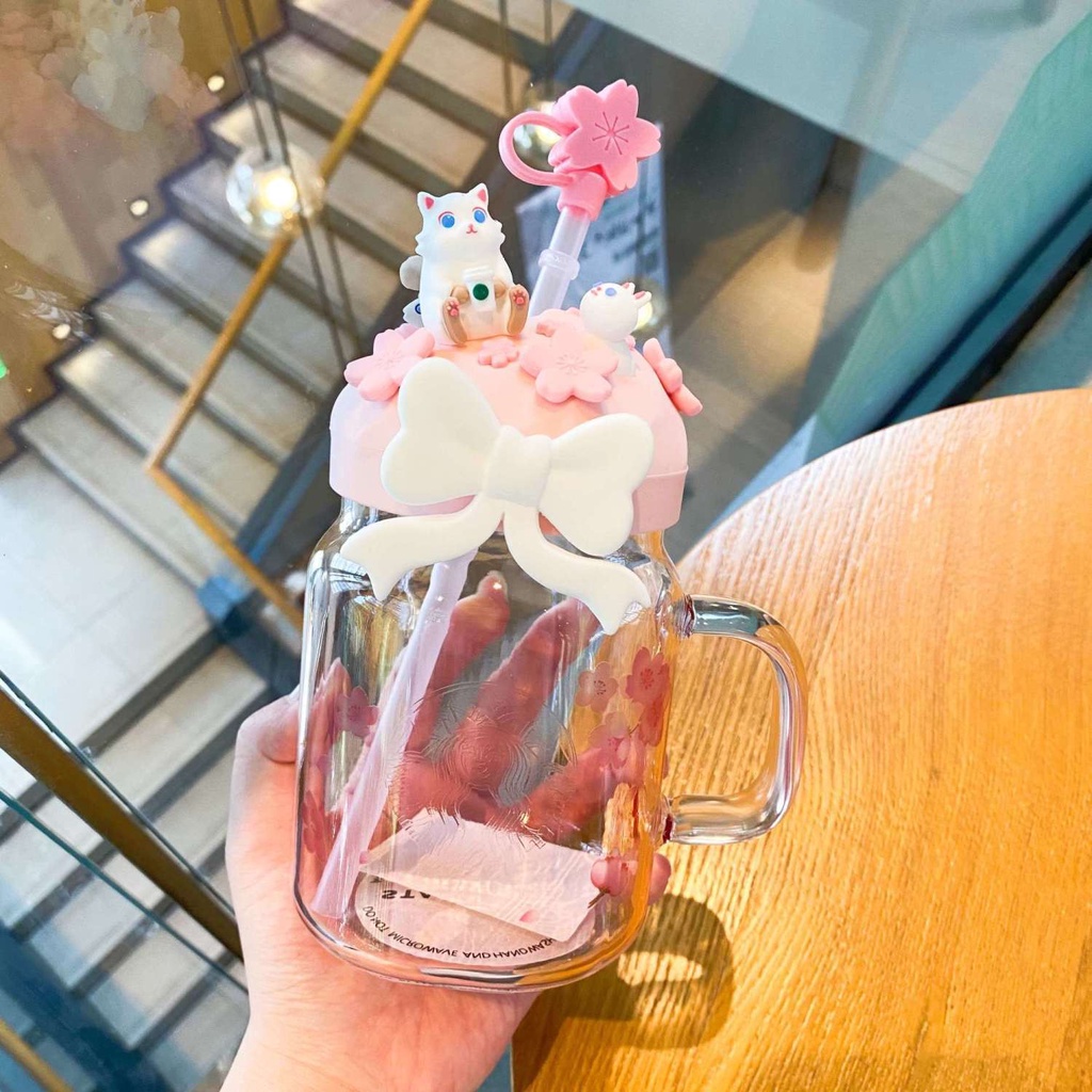 😚 ♞,♘,♙Limited Edition Starbucks Limited Edition 2020 Cherry Blossom Cat Bow Mason แก้วหลอดแก้วซาก