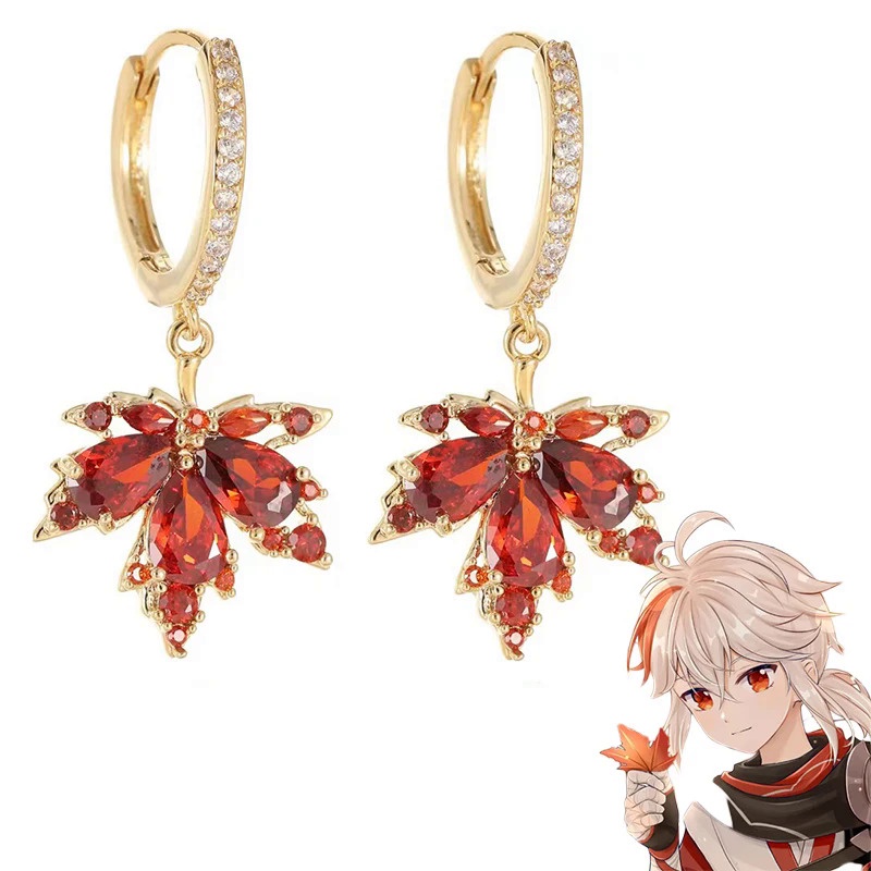 Game Genshin Impact Kaedehara Kazuha Cosplay Earrings Women Crystal Maple Leaves Pendant Ear Studs J