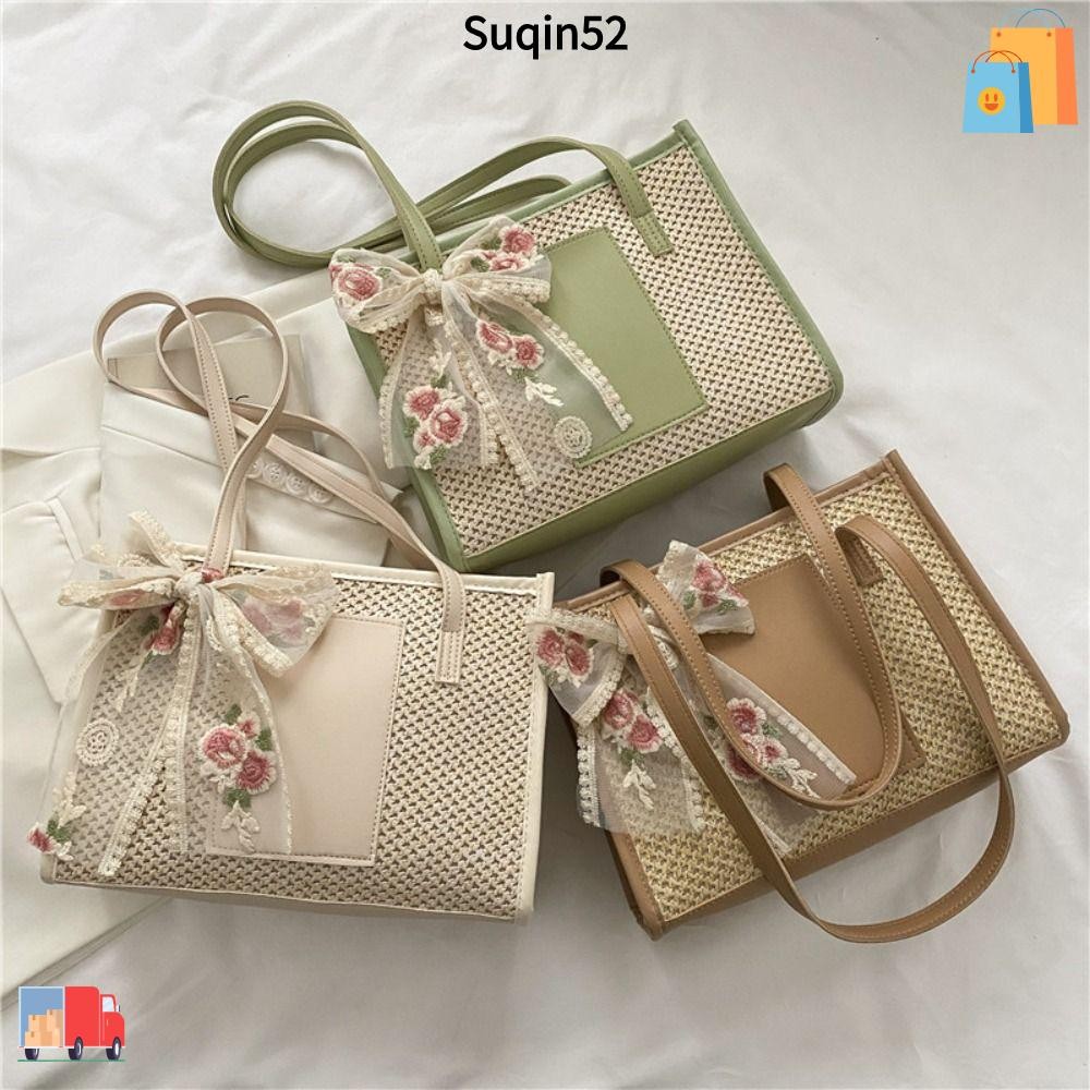 Suqin52 Vine Tote Bag, Travel Basket Straw Women Beach Bag, Summer Shoulder Handheld Handทอกระเป๋าฟางทอผู้หญิง