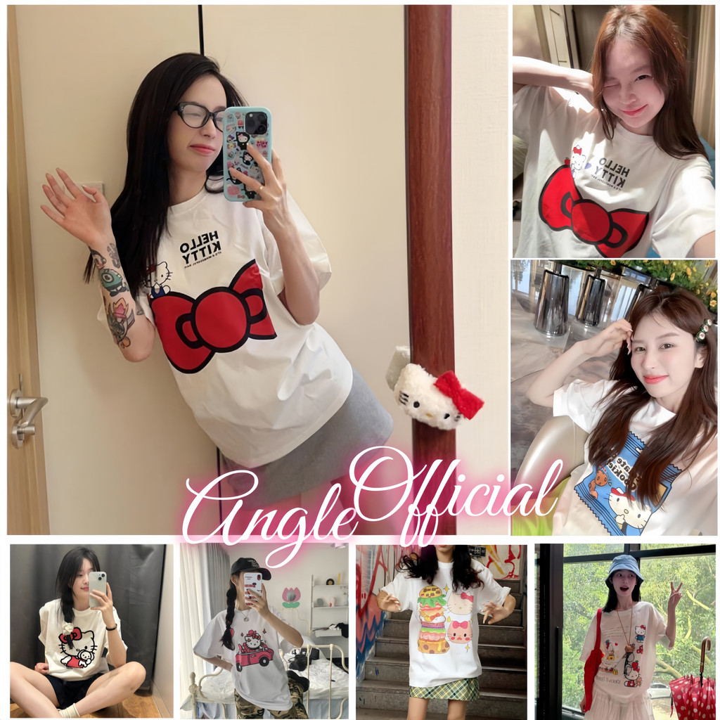 Angle Official Hellokitty เฮโลคิตตี้ 100% ผ้าฝ้าย เสื้อยืดแขนสั้น promthong เสื้อ 2025 เสื้อคู่ เสื้