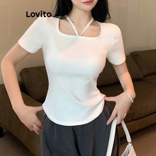 Lovito เสื้อยืดแขนสั้นลําลอง แบบเรียบ สําหรับผู้หญิง LNA21179 (สีขาว/ดํา)