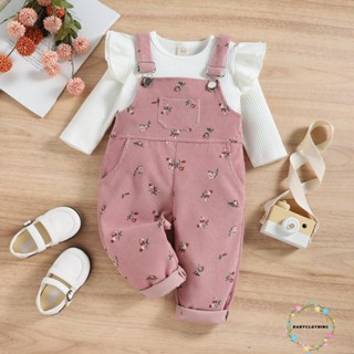 Babyclothes- ชุดเสื้อแขนยาว คอกลม พิมพ์ลายดอกไม้ สีพื้น และกางเกงเอี๊ยม สําหรับเด็กผู้หญิง อายุ 6 เดือน - 4 ปี 2 ชิ้น