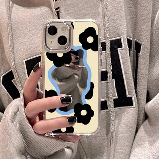 Case เคส for iPhone 11 13 15 16 14 12 17 Pro Max เคสไอโฟน11 16Pro ขอบดอกไม้สีขาวดำนม กรณีโทรศัพท์มือถือชุบกระจก