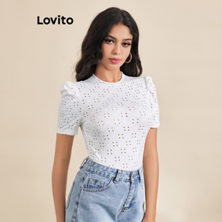 Lovito เสื้อยืดแขนพัฟ พิมพ์ลายดอกไม้ สง่างาม สําหรับผู้หญิง LBE03064 (สีขาว)