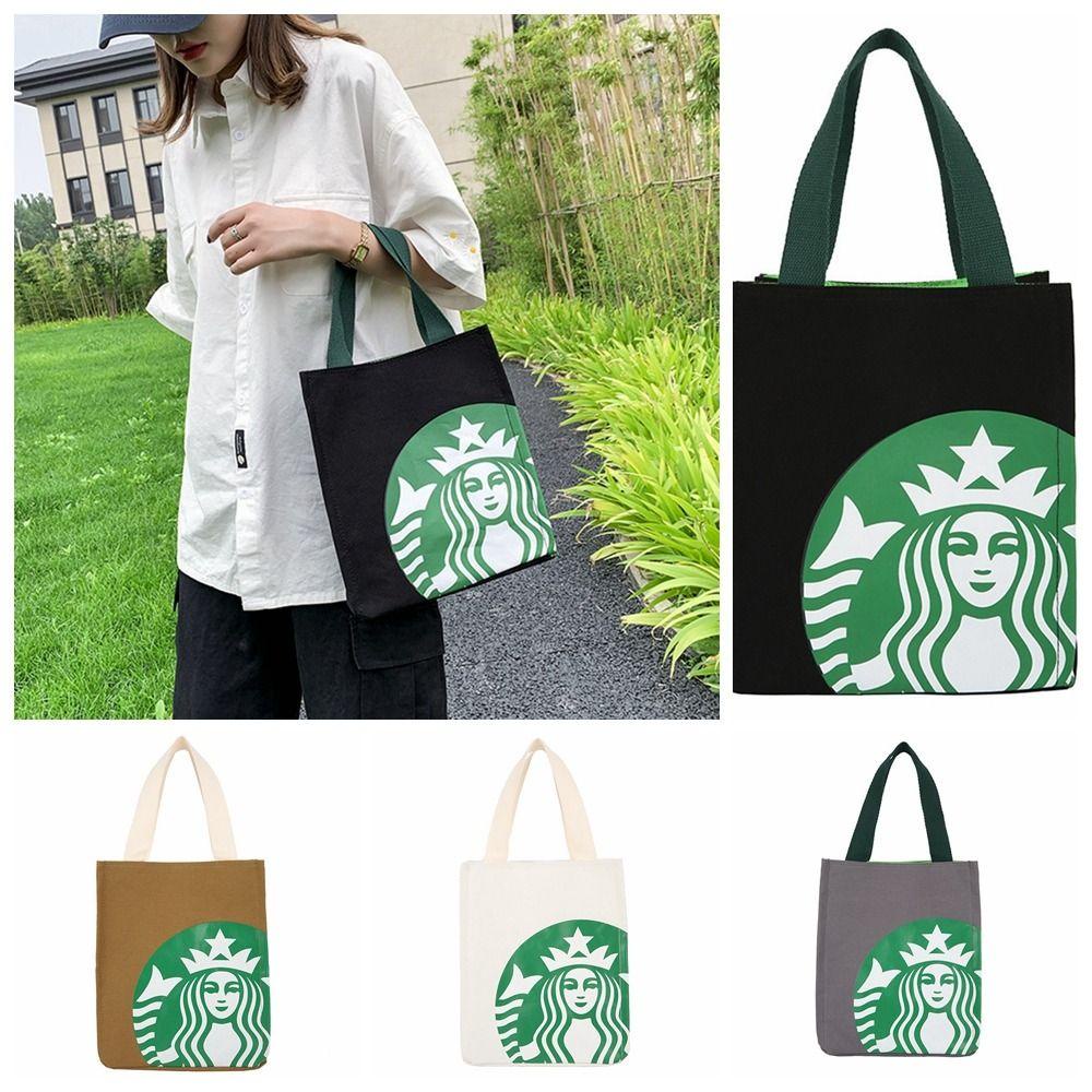 กระเป๋าถือผ้าใบ เดสัน กระเป๋ามัมมี่พิมพ์กระเป๋าผ้าใบสตาร์บัคส์,ลําลองสไตล์เกาหลีถุงอาหารกลางวันกระเป๋ากาแฟกระเป๋าถังถุงเก็บ