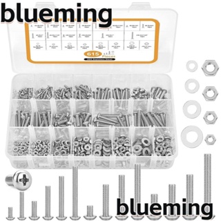 Blueming2 615 ชิ้น|สกรูหัวกระทะ สเตนเลส 304 14 ขนาด พร้อมกล่องเก็บ #4-40 #6-32 #8-32 #10ชุดน็อต และสลักเกลียว เครื่องใช้ในครัวเรือน 24 ชิ้น