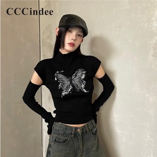 Cccindee ใหม่ เสื้อยืดลําลอง แขนสั้น คอกลม ผ้าถัก เข้ารูป พิมพ์ลายผีเสื้อ สไตล์เรโทร แฟชั่นสําหรับสตรี 2023