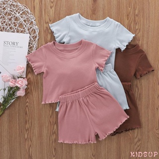 Kidsup1- เสื้อคอกลม แขนสั้น สีพื้น และกางเกงขาสั้น เอวยางยืด แฟชั่นฤดูร้อน สําหรับเด็กวัยหัดเดิน 2 ชิ้น