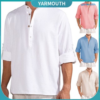 Yyr-- เสื้อเชิ้ตลําลอง แขนยาว คอปกตั้ง ระบายอากาศ สีพื้น เรียบง่าย สําหรับผู้ชาย