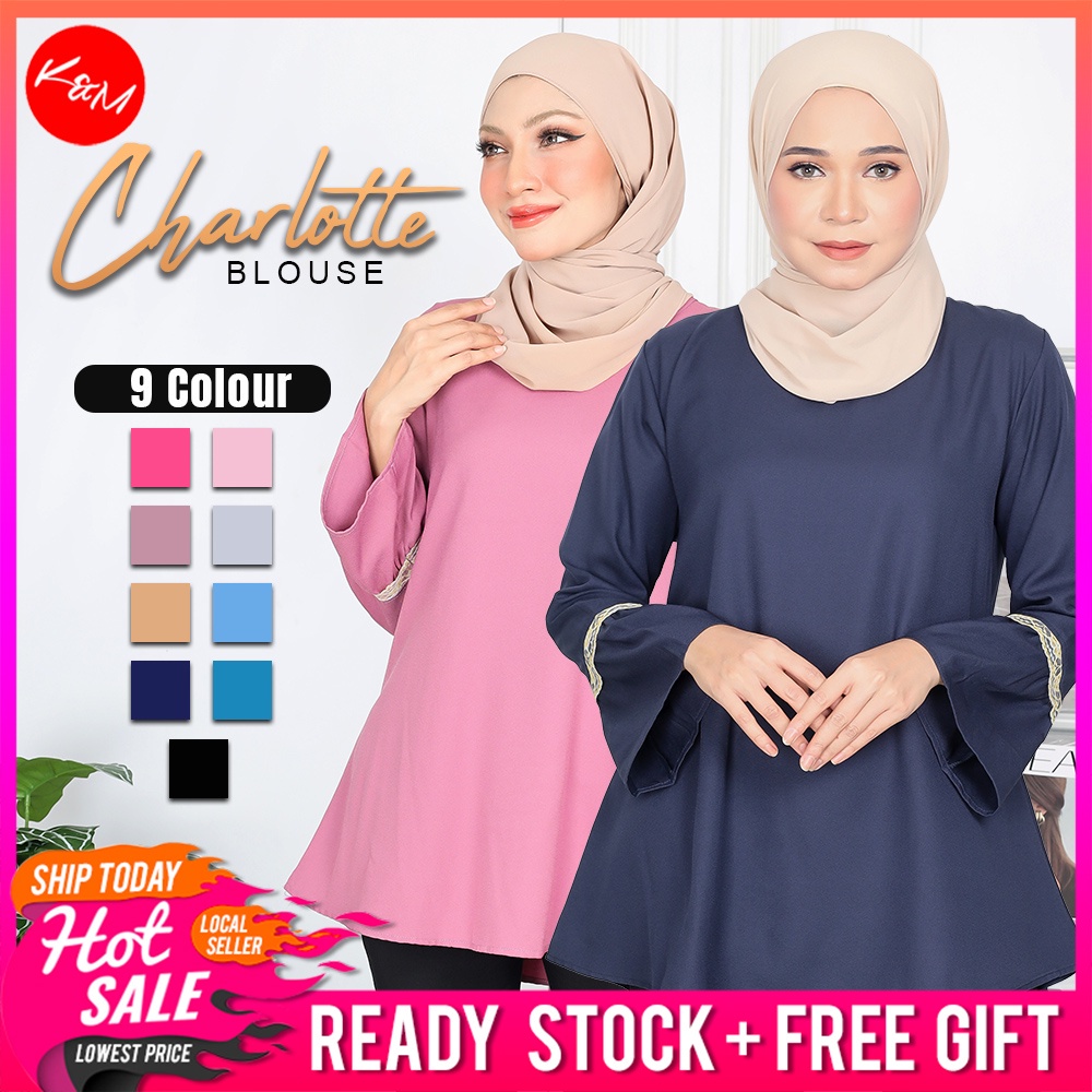 KM Women Charlotte Long Sleeves Muslimah Flare Blouse Baju Wanita [B10264]
