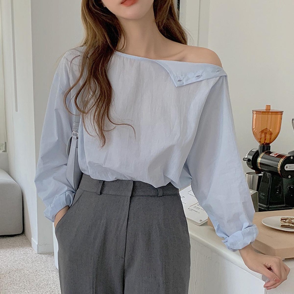 KOKO 2260-1❤️เสื้อเชิ้ตแขนยาวสไตล์เกาหลี เสื้อเชิ้ตสีขาว คอกลม หลวม ดีไซน์สุดชิค สีทึบ สไตล์เกาหลีมากๆ