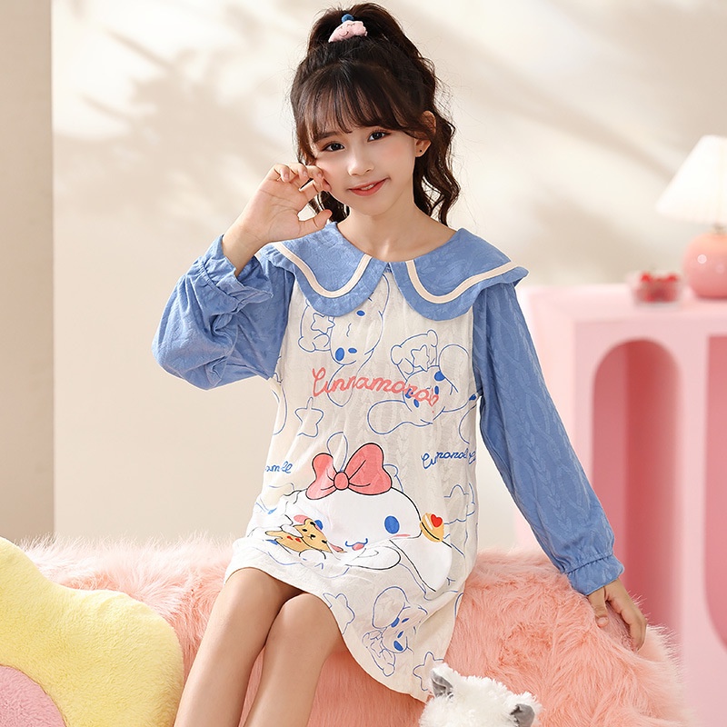 90-170ซม.ฤดูใบไม้ผลิฤดูใบไม้ร่วงพ่อแม่และลูกแม่-ลูกสาว ชุดนอน ขนาดกลางขนาดใหญ่สาวหวีผ้าฝ้ายการ์ตูนพิมพ์ยาว @