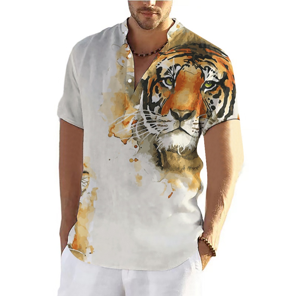 เสื้อยืดลําลอง แขนสั้น ผ้าลินิน พิมพ์ลายเสือ 3 มิติ โอเวอร์ไซซ์ สไตล์สตรีท แฟชั่นฤดูร้อน สําหรับผู้ชาย