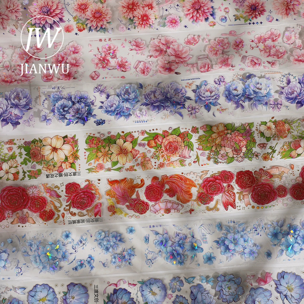 Jianwu ม้วนเทปเลเซอร์ PET ลายดอกไม้ สีทอง สไตล์วินเทจ 55 มม.*200 ซม. สําหรับเครื่องเขียน DIY
