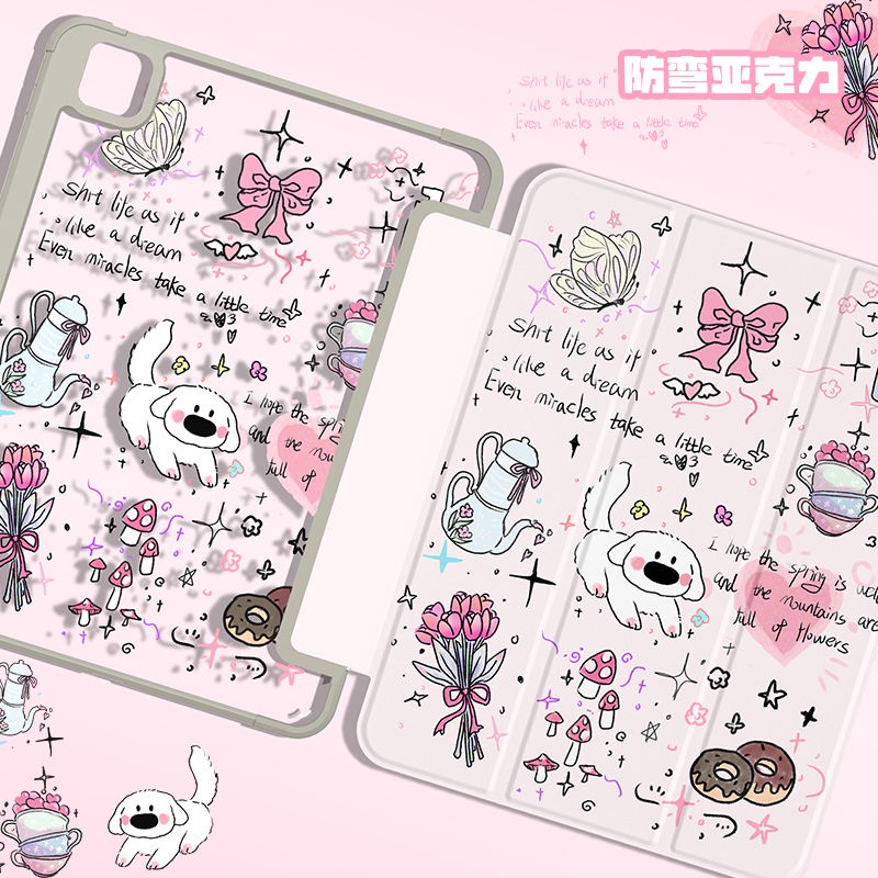 [iPad Air 4] เคสอะคริลิคใส แบบนิ่ม ลายการ์ตูนลูกสุนัขกราฟฟิตี้ มีช่องใส่ปากกา สําหรับ iPad Air5 Gen9