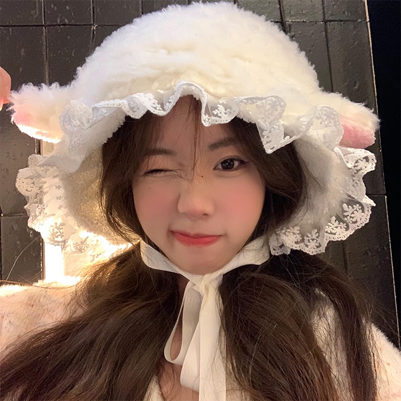 หมวก ผ้าขนแกะ แต่งลูกไม้น่ารัก สีขาว สไตล์ญี่ปุ่น แฟชั่นฤดูใบไม้ร่วง ฤดูหนาว สําหรับผู้หญิง