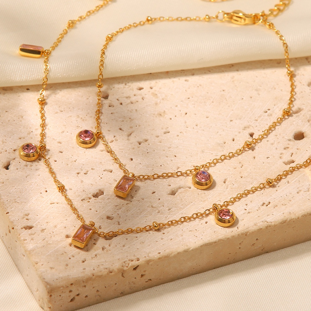 สร้อยคอ สร้อยข้อมือ ชุบทอง 18K จี้เพทาย ทรงกลม สีชมพู สไตล์เรโทร