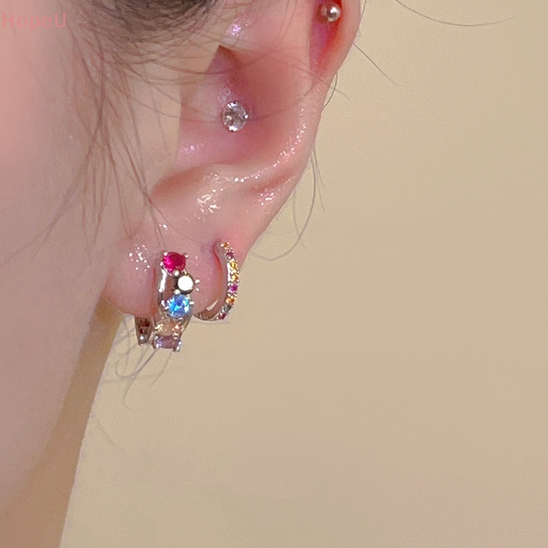 [HopeU] ต่างหูห่วง ประดับพลอยเทียม หลากสีสัน สไตล์เกาหลี วินเทจ 1 คู่ - รูปที่ 2