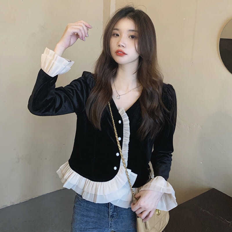 พร้อมส่ง ใหม่ เสื้อเชิ้ตกำมะหยี่สั้นสีดำสำหรับฤดูหนาว สไตล์ฝรั่งเศสวินเทจ เสื้อกันหนาวแขนยาวผู้หญิง