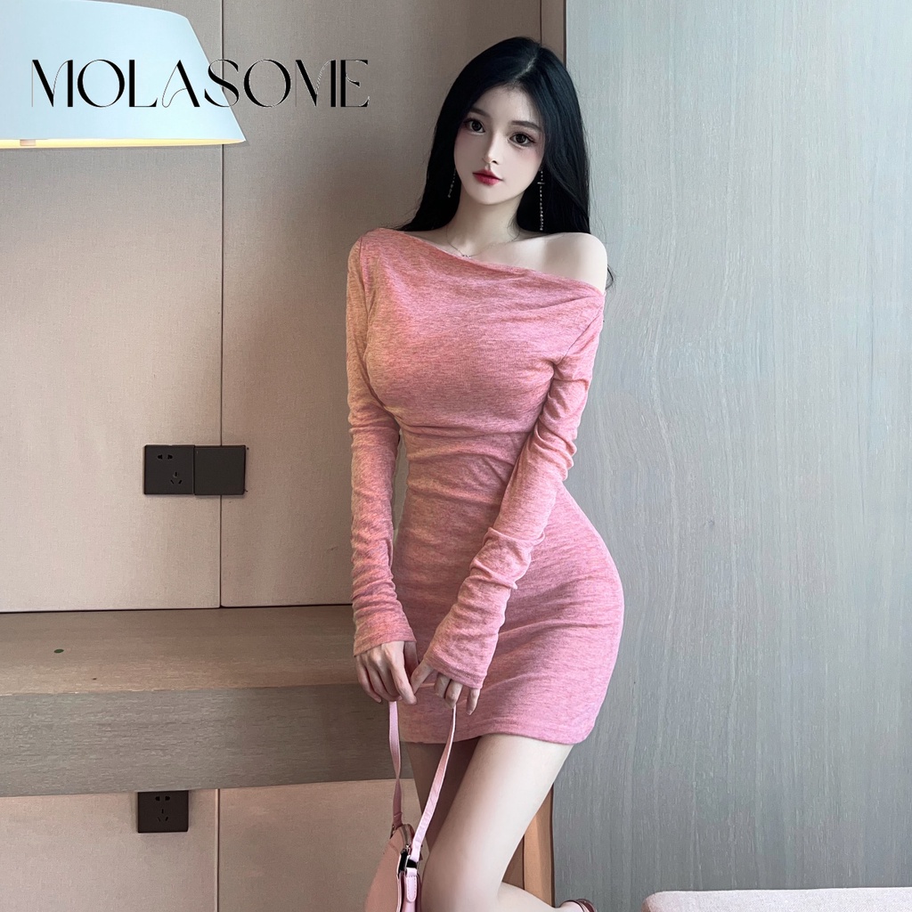 Molasome ใหม่ ชุดมินิเดรส เปิดไหล่ แขนยาว ยืดหยุ่น สีพื้น แฟชั่นสําหรับสตรี 2023