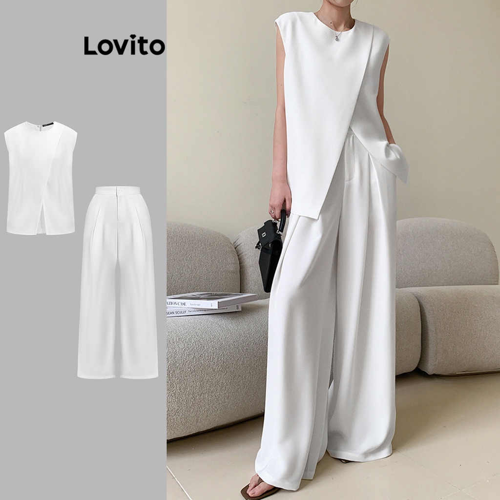Lovito ชุดกางเกงขายาวผู้หญิง สายไขว้ สีพื้น สไตล์ลำลอง L68ED125 (เสื้อ/กางเกง)