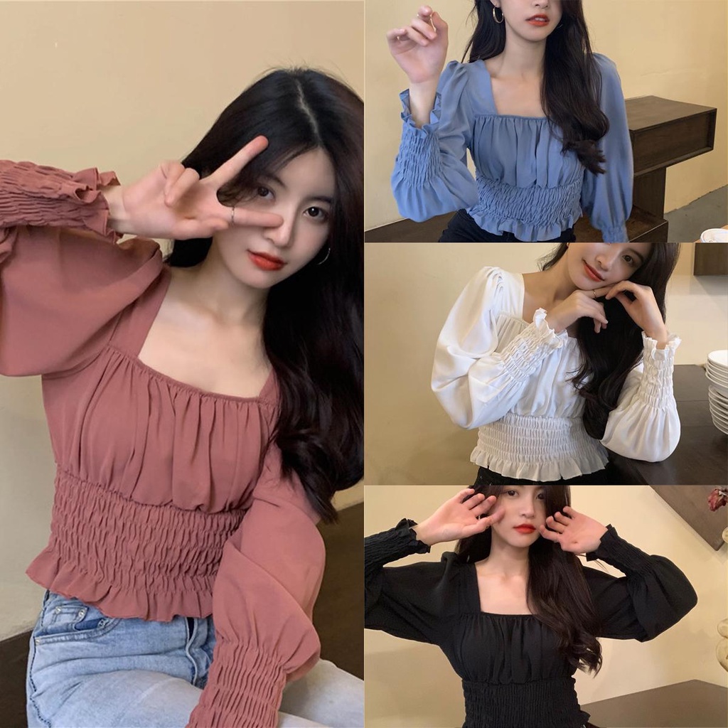 Lune_Grace.60147#เสื้อแขนยาวคอเหลี่ยม ดีไซน์สม็อกเอว แฟชั่นสไตล์เกาหลี *พร้อมส่ง*