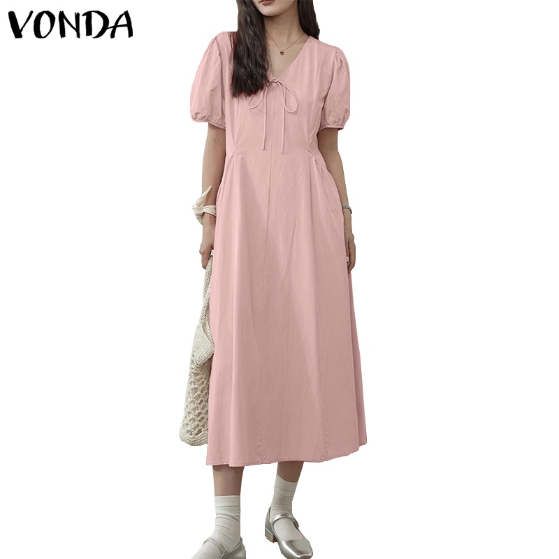 Vonda ชุดเดรสสั้น คอวี แขนสั้น สีพื้น สไตล์เกาหลี สําหรับผู้หญิง