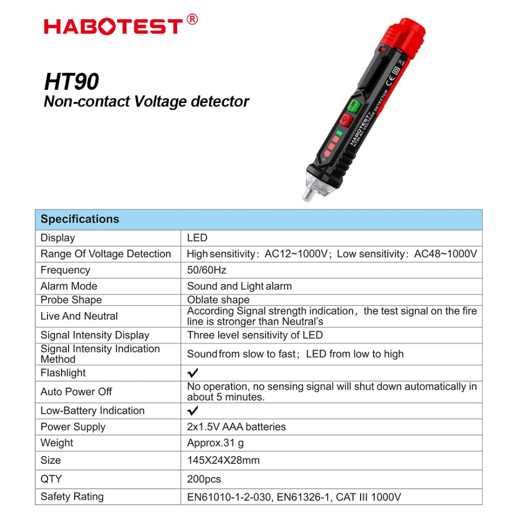 เครื่องทดสอบไฟ HABOTEST HT90 ปากกาลองไฟ ปากกาวัดไฟ ปากกาเช็คไฟ แบบไม่สัมผัส Non-Contact มีเสียงและแสงแจ้งเตือน