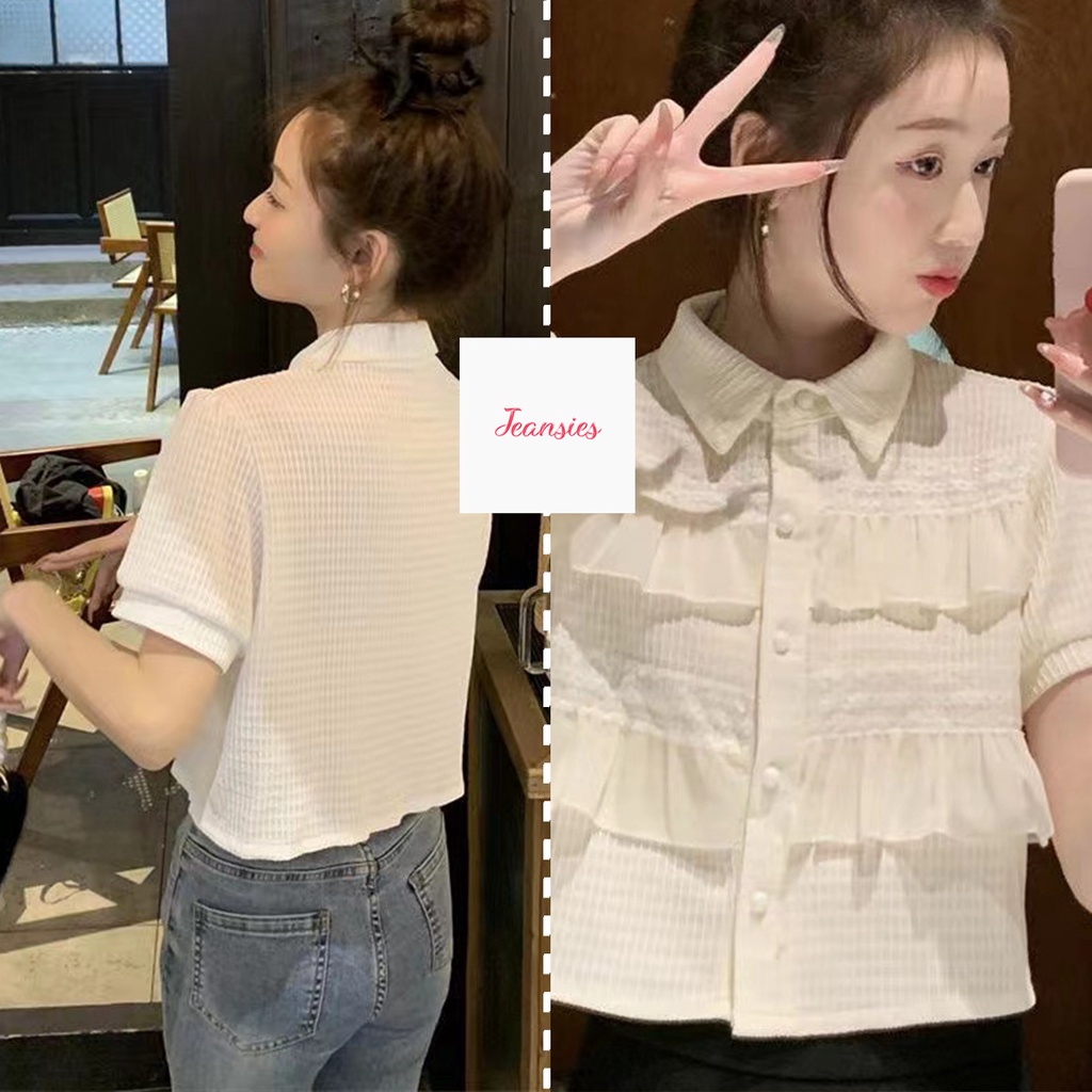 เสื้อเชิ้ตครอปแขนสั้น เสื้อคอปกสีขาวแฟชั่น สวมใ่ส่สบาย สายคาเฟ่