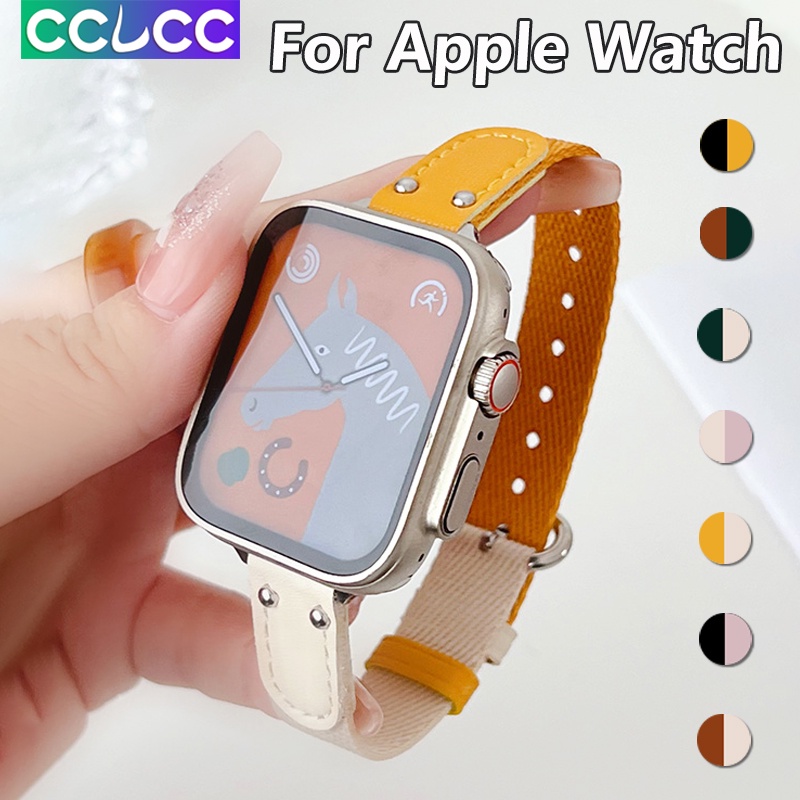 Cclcc สายนาฬิกาข้อมือหนัง ไนล่อน ผ้าแคนวาส ทรงสี่เหลี่ยม สองสี สําหรับ iWatch 49 มม. 45 มม. 41 มม. 44 มม. 40 มม. 42 มม. 38 มม. Apple Watch Series Ultra 2 SE 9 8 7 6 5 4 3 2 1