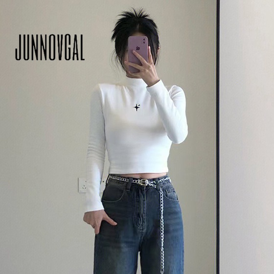 Junnovgal เสื้อยืดแขนยาว คอเต่า เข้ารูป สีพื้น แฟชั่นฤดูใบไม้ร่วง สําหรับผู้หญิง 2023