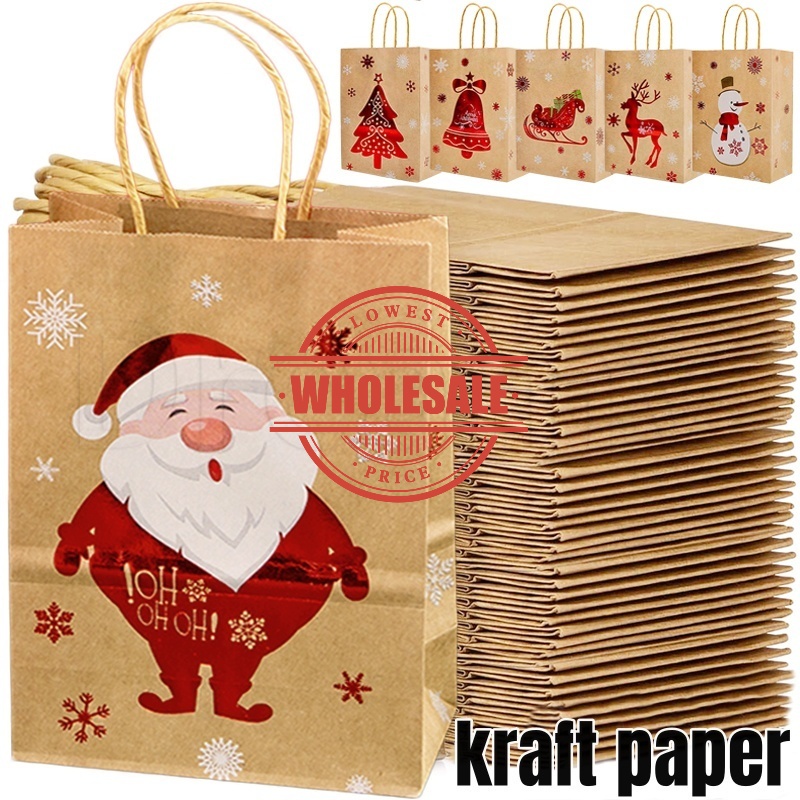 [ราคาขายส่ง] ถุงกระดาษคราฟท์ ลายซานตาคลอส สโนว์แมน / ถุงของขวัญคริสต์มาส กวางเอลก์ / ถุงขนมขบเคี้ยว ถุงกระดาษบรรจุภัณฑ์ / เทศกาลฤดูหนาว ของชําร่วยปาร์ตี้คริสต์มาส