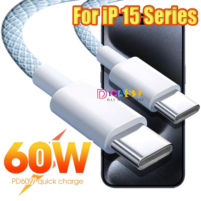 สายชาร์จ 60W Type C To C สายชาร์จเร็ว For IP 15 Pro Max ชาร์จเร็ว สายชาร์จไนล่อนถัก Dual USB-C กำลังชาร์จ Fast Charger