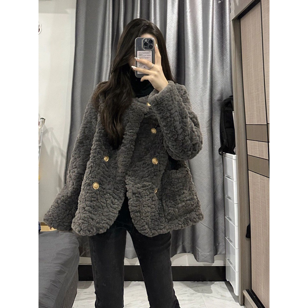 เสื้อแจ็กเก็ต ผ้าวูล แบบหนา ทรงหลวม เข้ากับทุกการแต่งกาย แฟชั่นฤดูใบไม้ร่วง และฤดูหนาว สําหรับผู้หญิง