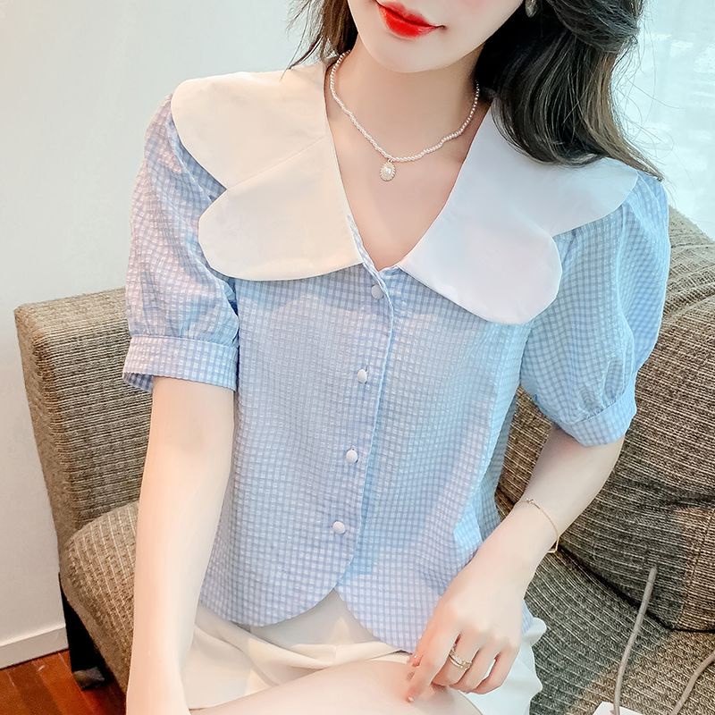พร้อมส่ง✨ เสื้อเชิ้ตแขนสั้นคอตุ๊กตาน่ารักสีฟ้าสไตล์ญี่ปุ่นสไตล์ใหม่เสื้อแขนสั้นคอตุ๊กตาลายสก๊อต