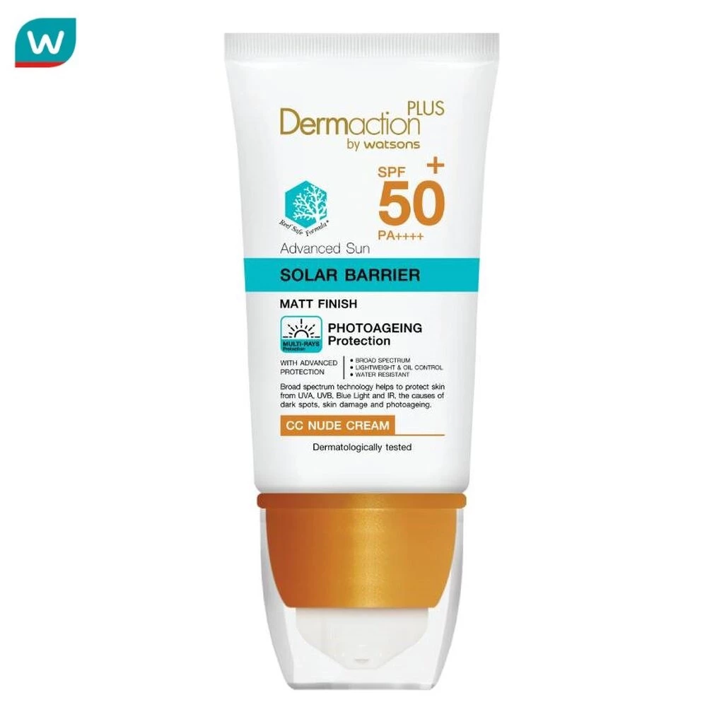 Dermaction Plus by Watsons เดอมาแอคชันพลัส บายวัตสัน แอดวานซ์ซัน โซล่าร์ แบริเออร์ ซีซี นู๊ดครีม SPF50+ พีเอ++++