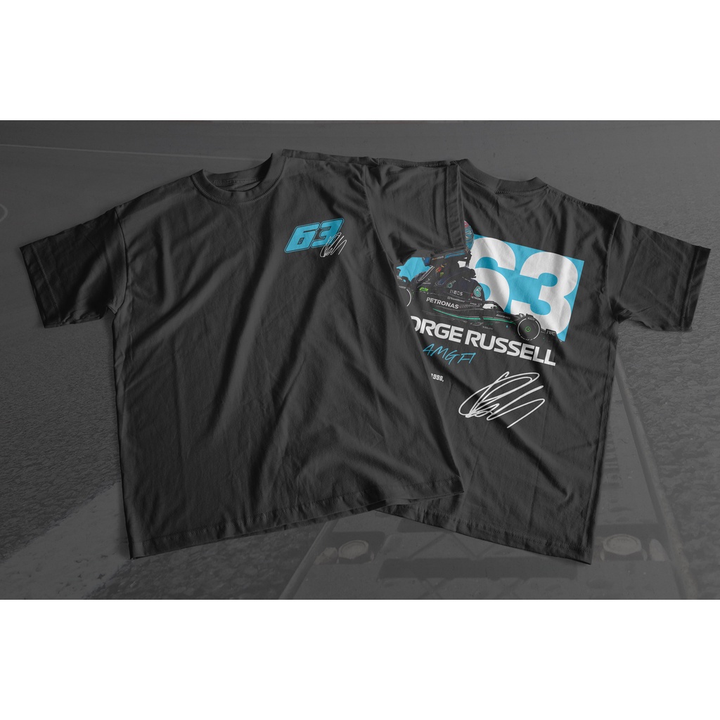 ร้อน a เสื้อยืดแขนสั้นGeorge Russell Formula 1 เสื้อยืด พิมพ์ลายกราฟฟิคแข่งรถ 2023 F1 F1 Mercedes F1