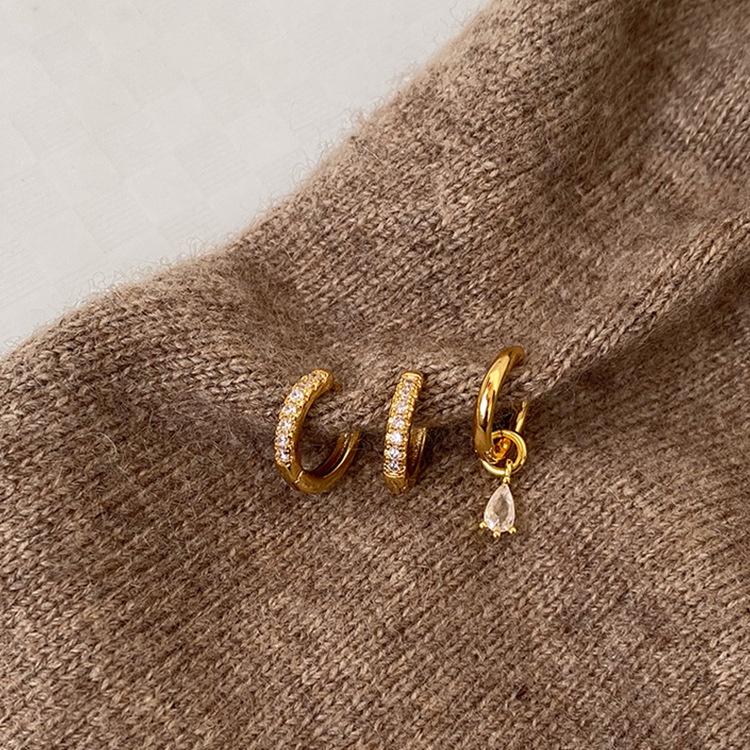 Jennie ต่างหูห่วง ประดับเพทาย ขนาดเล็ก 3 ชิ้น ต่อชุด