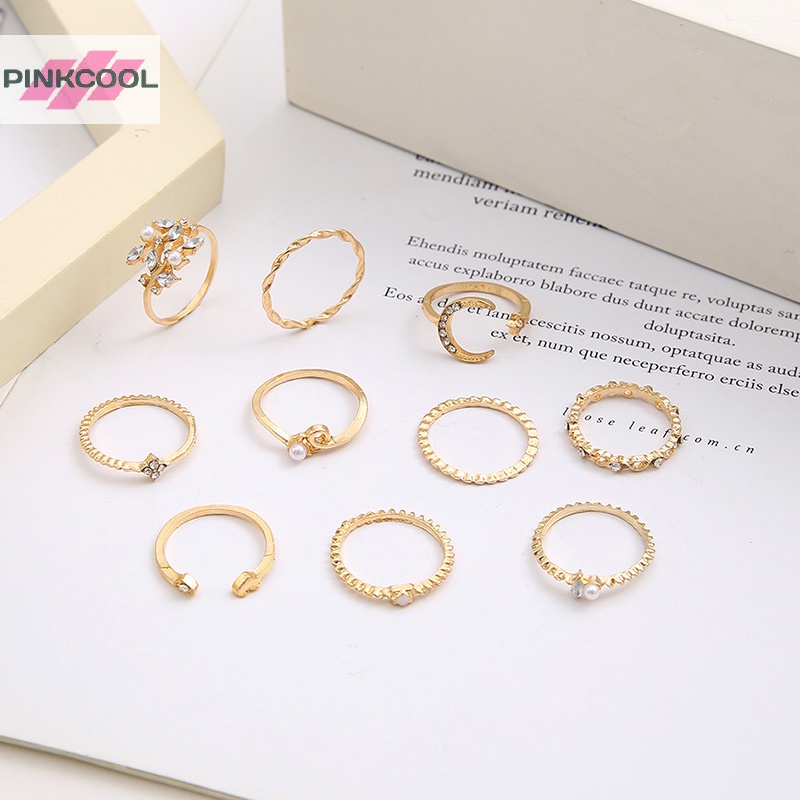 Pinkcool 10 ชิ้น แหวน สีทอง วินเทจ สร้างสรรค์ ย้อนยุค ข้อต่อ แหวน ดาว ดวงจันทร์ ชุด รัก มุก ใบไม้ แหวนนิ้ว แฟชั่น เครื่องประดับ ขายดี
