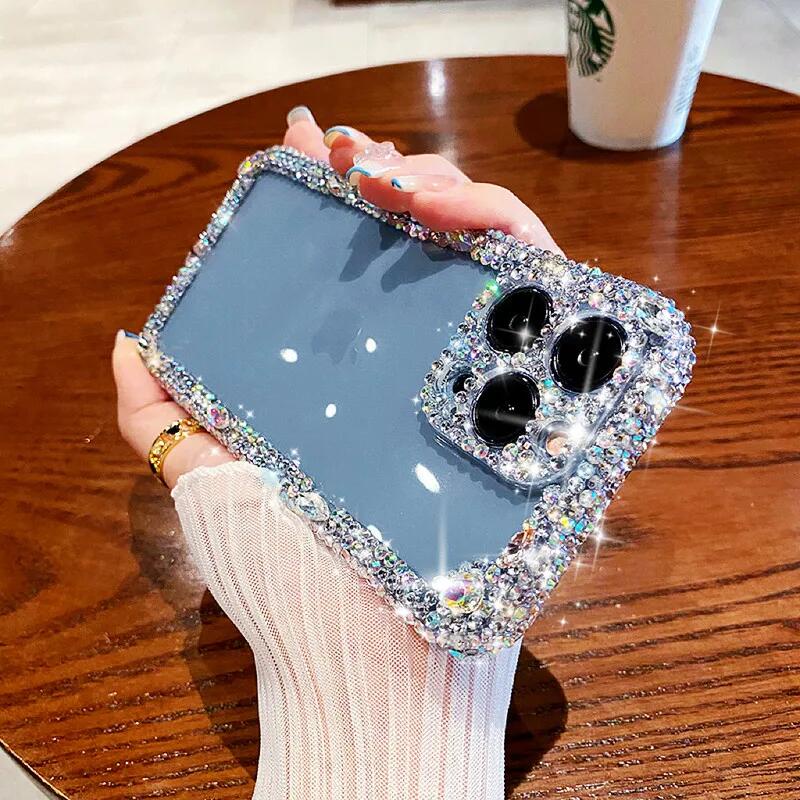 เคสโทรศัพท์มือถือ TPU นิ่ม แบบใส ป้องกันกล้อง ประดับเพชรเทียม วิบวับ หรูหรา สําหรับ iPhone 15 14 13 12 11 Promax X XR XMax 7 8 14 15Plus 12 13 Mini