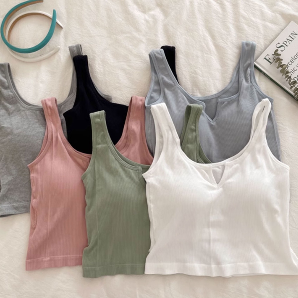 เสื้อกล้ามครอปสีพื้นเเฟชั่นไม่อมเหงื่อไร้ขอบและรอยต่อ