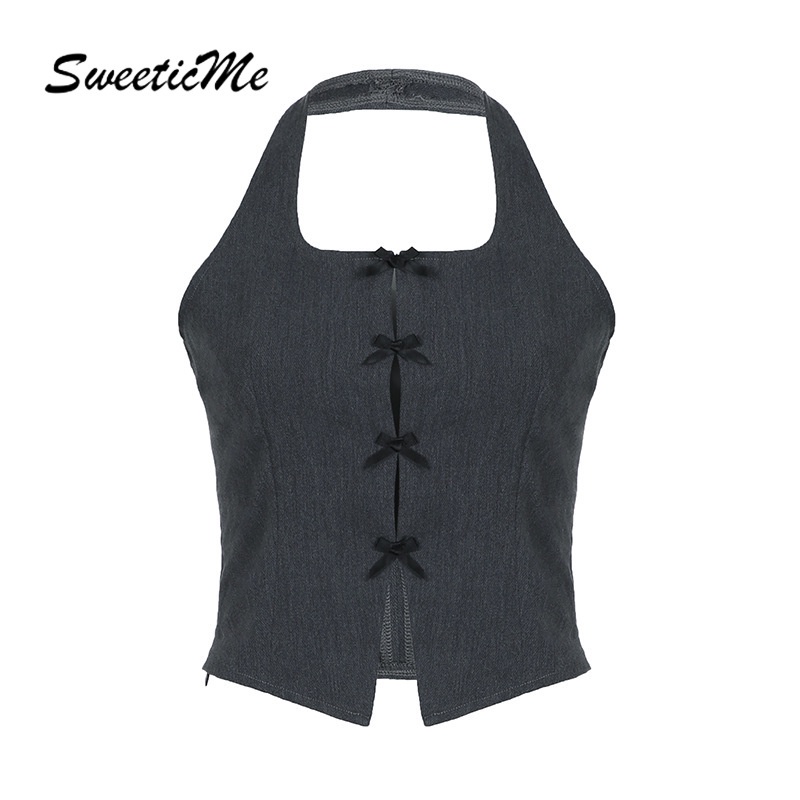 Sweeticme เสื้อกล้าม สายคล้องคอ ประดับโบว์ เซ็กซี่ สีพื้น แฟชั่นใหม่ สําหรับผู้หญิง 2024