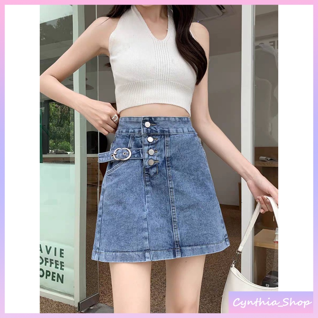 Cynthia พร้อมส่ง กระโปรงยีนส์เอวสูง ทรงเอ แต่งกระดุม แต่งสายล็อกห่วง #2102