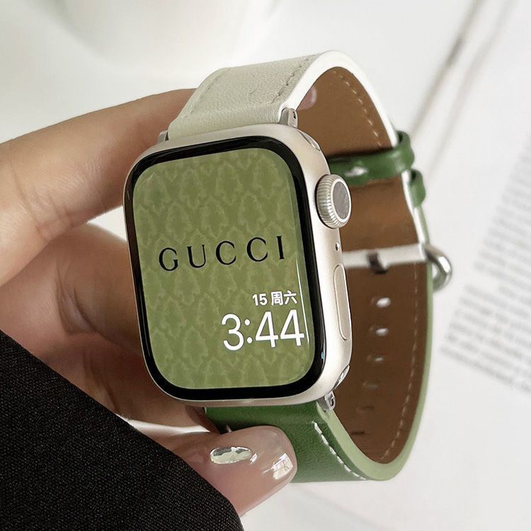 Y&amp;M 063เมตรสีขาวสีเขียวหนังแท้สายนาฬิกาสำหรับ applewatch7/6/5/4/3/2 iwatch8แอปเปิ้ลนาฬิกา